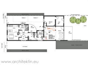 im Vorderhaus: Küche und Essen mit Ausblick, im Hinterhaus: Wohnzimmer mit Garten